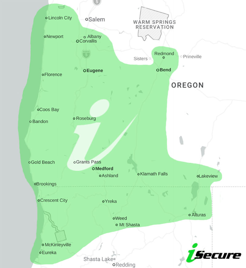 iSecure Locations Service area map based in Grants Pass, Oregon