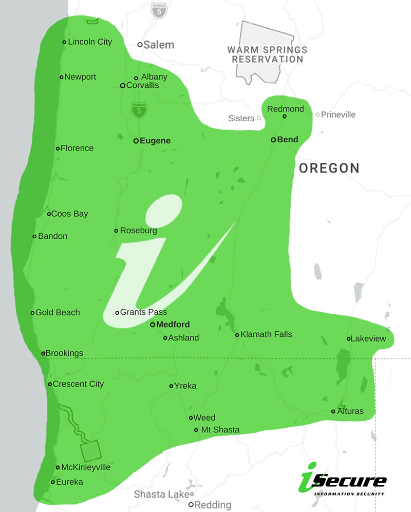 iSecure Locations Service area map based in Grants Pass, Oregon