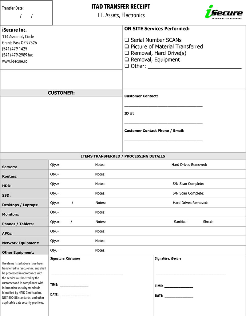 ITAD transfer receipt