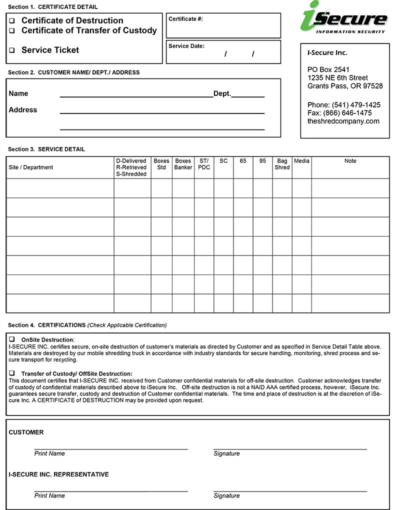Sample Certificate of Destruction