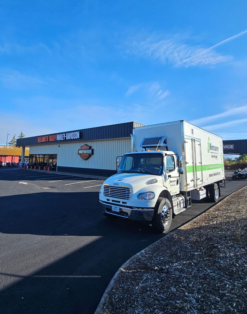 i-Secure Information Security Truck in Eugene, Oregon for document shredding at Harley Davidson